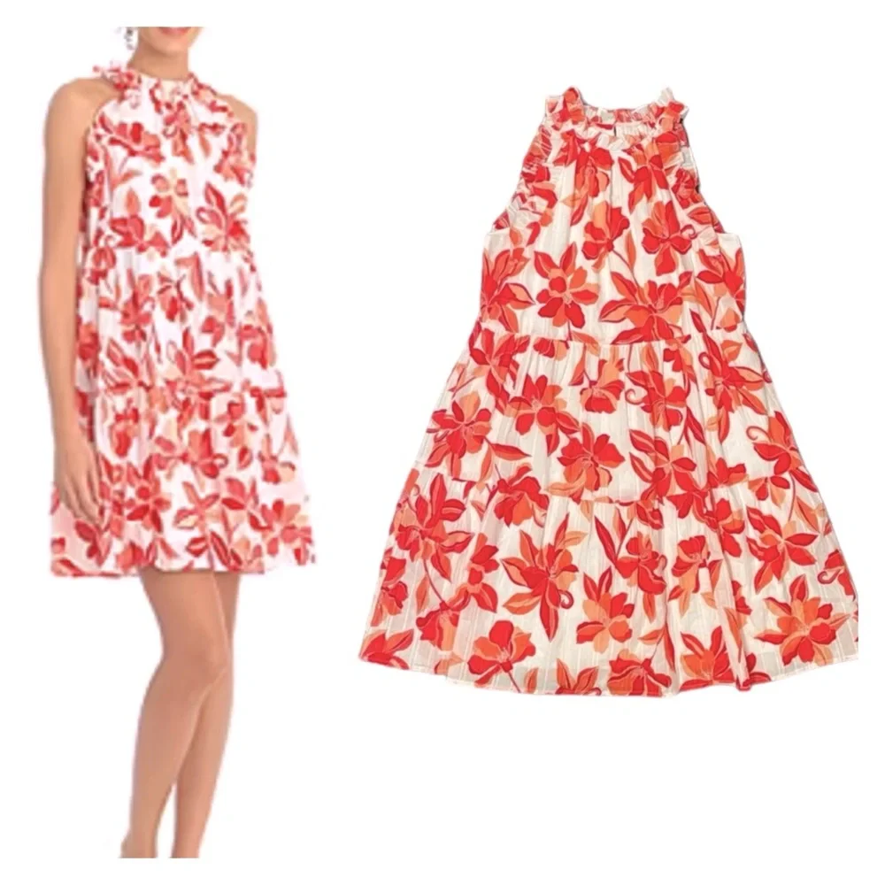 NWT Clover And Sloane Deep Coral & White Floral Tiered Cotton Dress Size Large - Picture 1 of 10